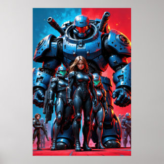 Affiche soldats futuristes et robot blindé dans une scienc