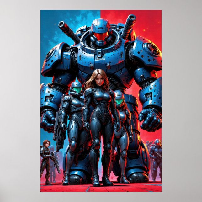 Affiche soldats futuristes et robot blindé dans une scienc (Devant)