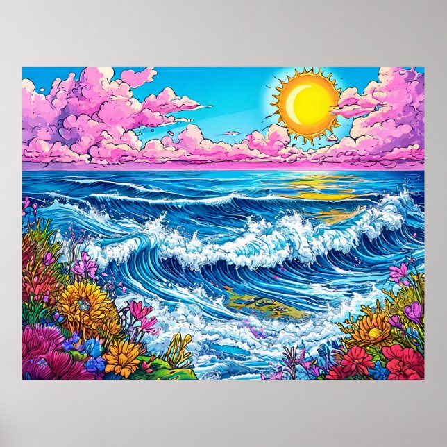 Affiche Soleil brillant illuminant les vagues de l'océan (Devant)