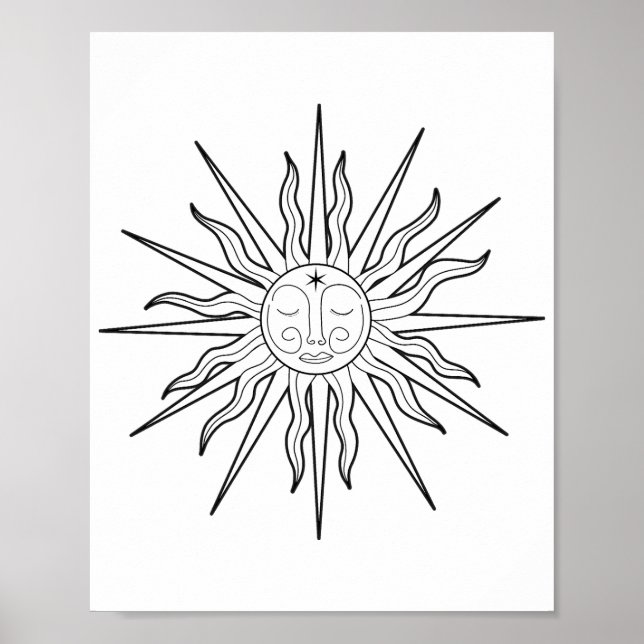 Affiche Soleil céleste astrologie fantaisiste noir et blan (Devant)