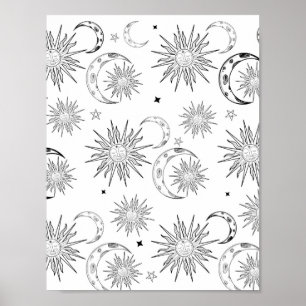 Affiche Soleil céleste astrologie fantaisiste noir et blan