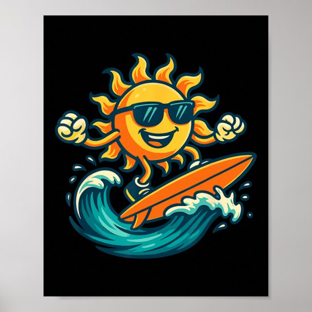 Affiche Soleil de dessin animé surfant sur la vague de la  (Devant)