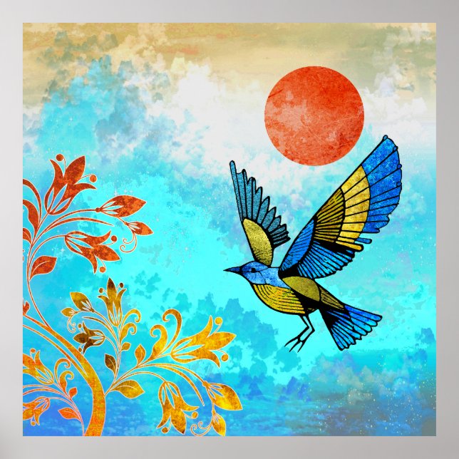 Affiche Soleil de l'arbre d'oiseaux (Devant)