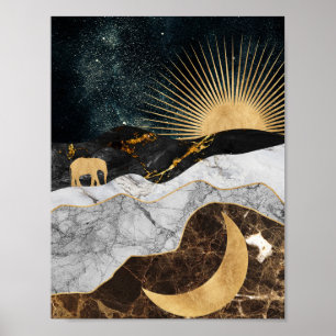 Affiche Soleil doré et lune avec éléphant en marbre Cosmiq