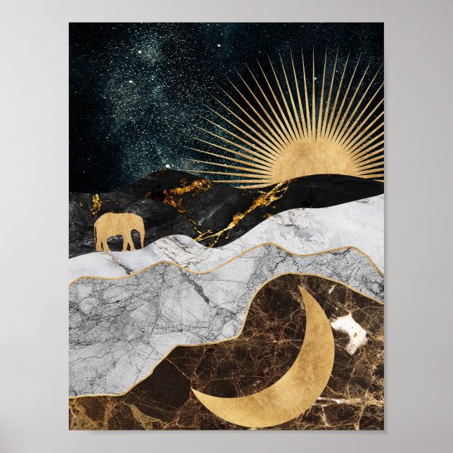 Affiche Soleil doré et lune avec éléphant en marbre Cosmiq (Devant)