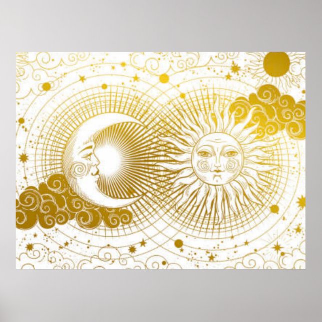 Affiche Soleil et lune céleste vintages sur blanc (Devant)