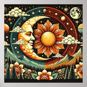Affiche Soleil et Lune Fantaisistes dans un Cosmos Surréal