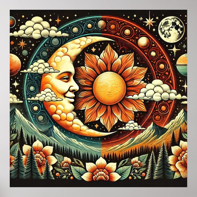 Affiche Soleil et Lune Fantaisistes dans un Cosmos Surréal (Devant)