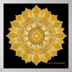 Affiche Soleil Floral Mandala Doré Luxueux