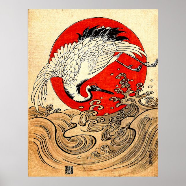 AFFICHE SOLEIL ROUGE, CRANE DE VOL JAPONAISE ET VAGUES MAR (Devant)