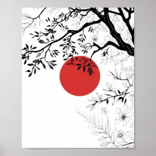 Affiche Soleil Rouge Japonais & Art de l'Arbre au Pinceau