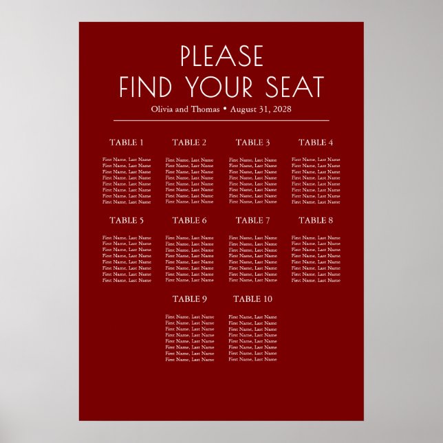 Affiche Solid Burgundy Red Modern Wedding Seating Chart (Devant)