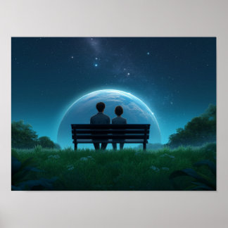 Affiche Solitary Man on Bench Watching Birds Black and Whi