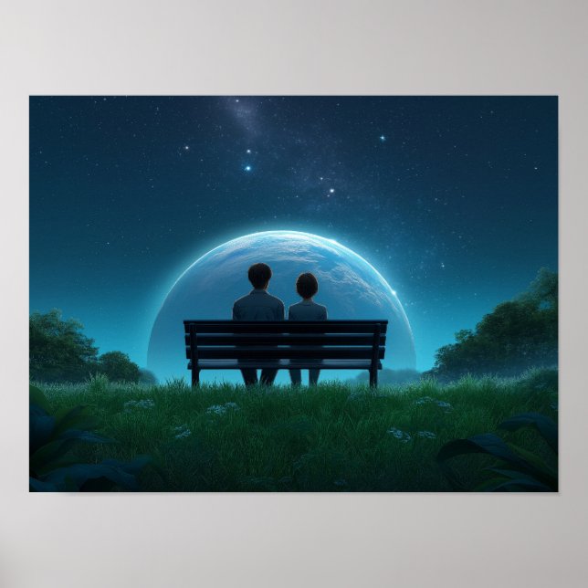 Affiche Solitary Man on Bench Watching Birds Black and Whi (Devant)