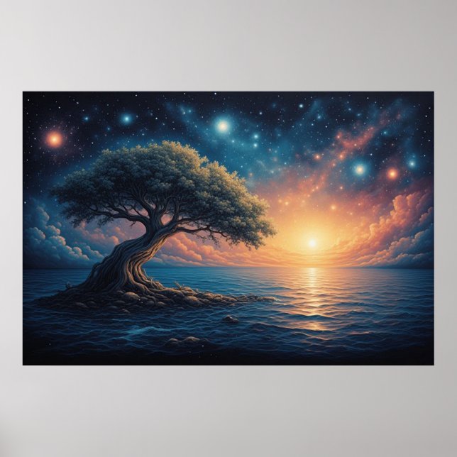 Affiche Solitary Tree on Ocean at Sunset 🌅 Starry Fantasy (Devant)