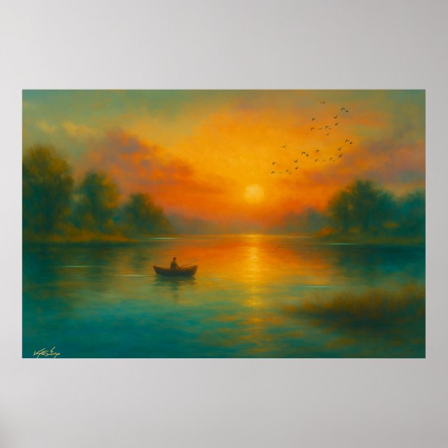 Affiche Solitude au coucher du soleil - Pêcheur dans une r (Devant)