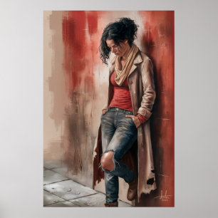 Affiche Solitude urbaine : Figure contre le mur rouge