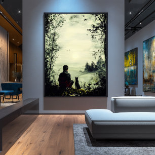 Affiche Solitude vintage - Homme et chien dans une nature 