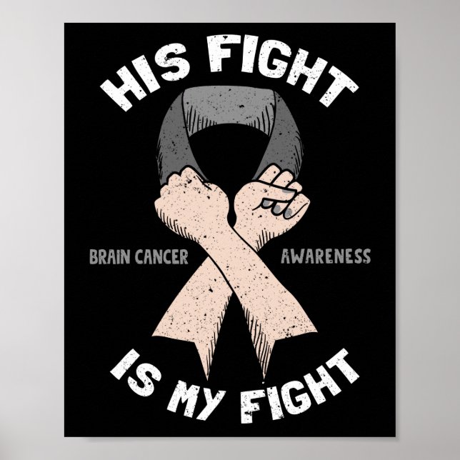 Affiche Son Combat Est Mon Cerveau Feu Tumor Gris Ribbon (Devant)