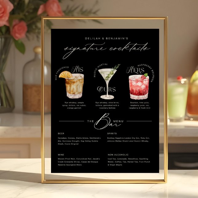 Affiche Son Ours & Ses Aquarelle Signature Cocktail Menu (His Ours & Hers Watercolor Signature Cocktail Menu Black Poster)