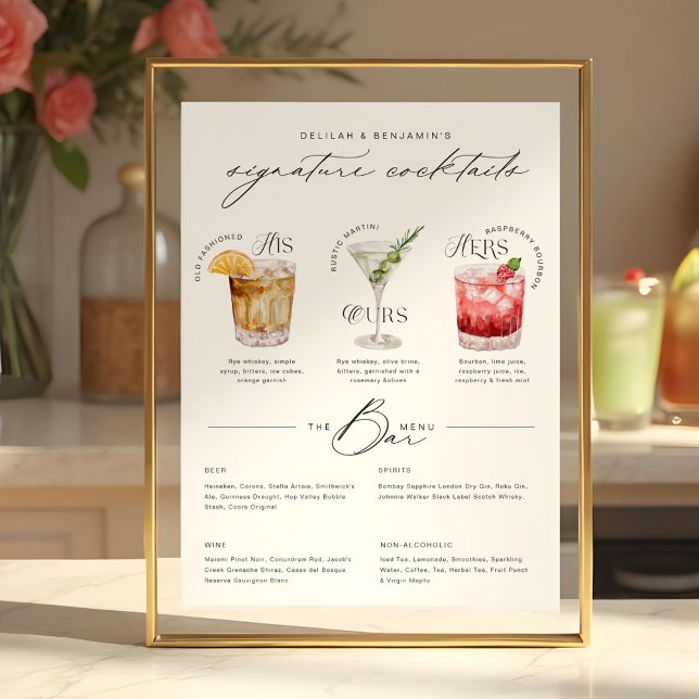 Affiche Son Ours & Ses Aquarelle Signature Cocktail Menu (His, Ours & Hers Watercolor Signature Cocktail Menu Poster)