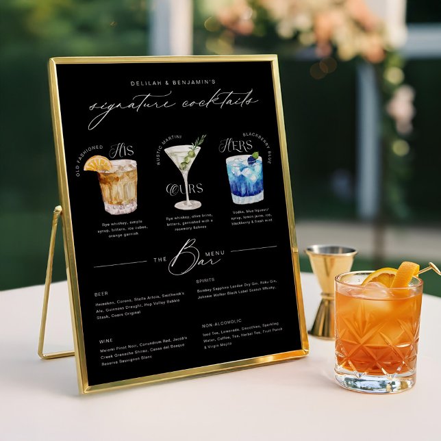 Affiche Son Ours & Ses Aquarelle Signature Cocktail Menu (His Ours & Hers Watercolor Signature Cocktail Menu Poster)