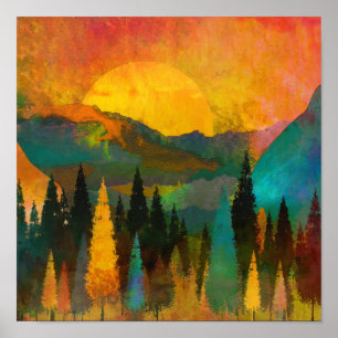 Affiche Sonnenuntergang in den Bergen - Buntes Aquarell