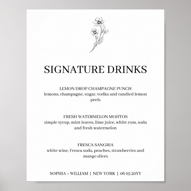 Affiche Sophia Simple Signature Boissons Signet Mariage (Devant)