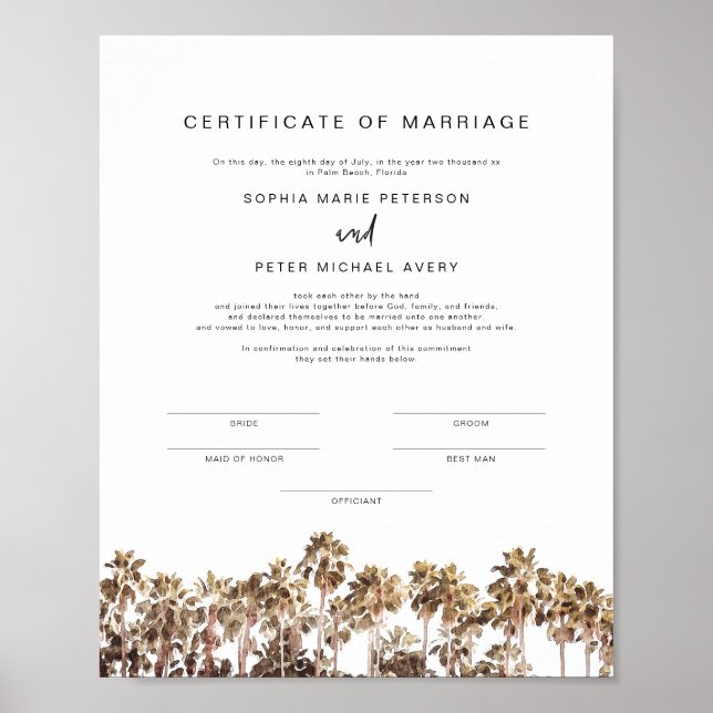 Affiche SOPHIA Tropical Beach Palm Certificat de mariage P (Devant)