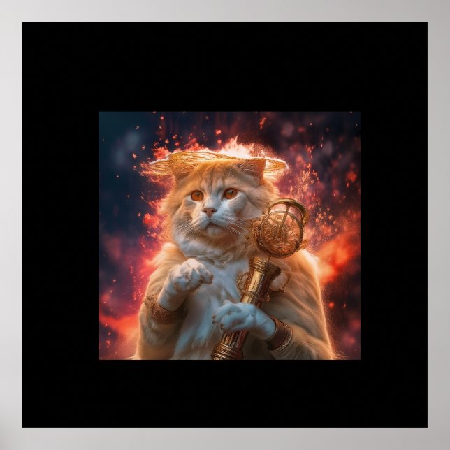 Affiche Sorcier Chat Avec Bâton Magique Parmi Les Flammes (Devant)