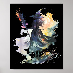 Affiche Sorcière Aquarelle Halloween Automne Art Peinture