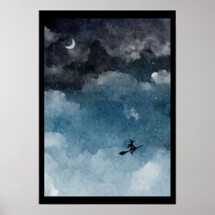 Affiche Sorcière aquarelle sur un ciel nocturne sombre