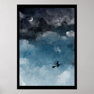 Affiche Sorcière aquarelle sur un ciel nocturne sombre