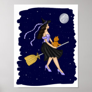 Affiche Sorcière avec un chat orange sur un Broomstick