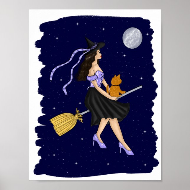 Affiche Sorcière avec un chat orange sur un Broomstick (Devant)