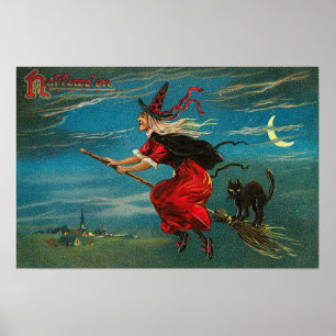 Affiche Sorcière Chat Noir Volant Croissant de Lune