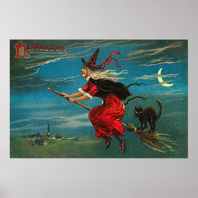 Affiche Sorcière Chat Noir Volant Croissant de Lune (Devant)
