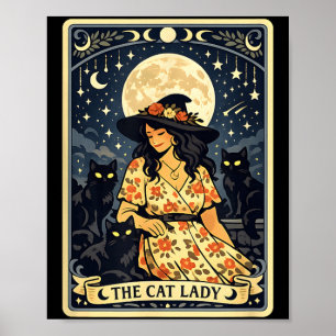 Affiche Sorcière Dame de Chat Lune Chats Noirs Halloween M