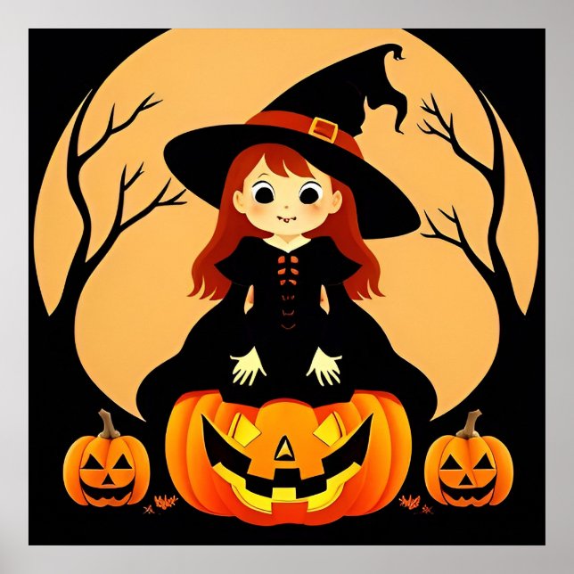 Affiche Sorcière dans un décor d'Halloween avec des citrou (Devant)