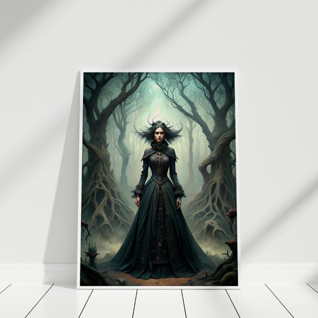 Affiche Sorcière de lune foncée - Forêt Queen Wall Art (Dark Moon Witch – Forest Queen Wall Art in a white frame.)