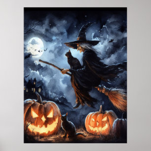 Affiche Sorcière d'Halloween avec chambre et chat