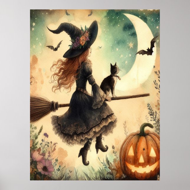 Affiche Sorcière d'Halloween avec chambre et chat (Devant)
