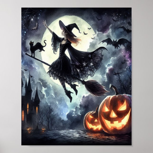Affiche Sorcière d'Halloween avec chambre et chat (Devant)