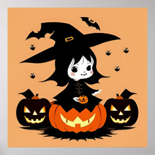 Affiche Sorcière d'Halloween avec citrouilles