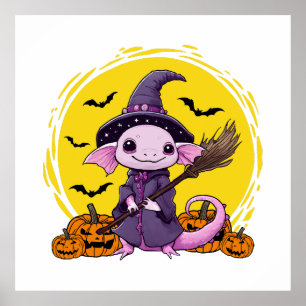 Affiche Sorcière d'Halloween Axolotl Mignon