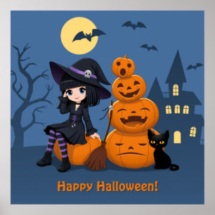 Affiche Sorcière d'Halloween, chat noir et citrouilles