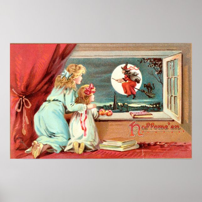 Affiche Sorcière d'Halloween vintage avec Broomstick (Devant)