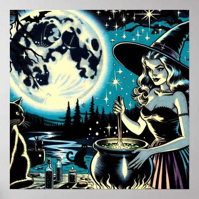 Affiche Sorcière d'Halloween vintage remuant un Cauldron (Devant)