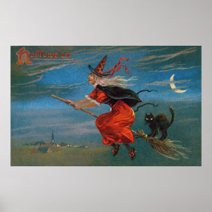 Affiche Sorcière d'Halloween Volant Chat Noir la Nuit