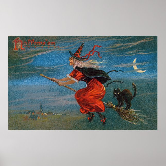 Affiche Sorcière d'Halloween Volant Chat Noir la Nuit  (Devant)